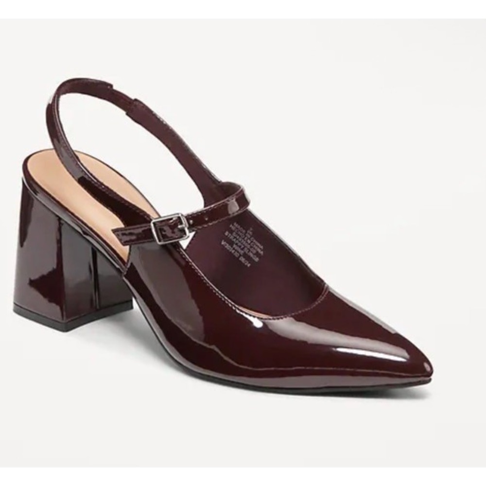 Old Navy Wine Patent Leather Strappy Minimalist Slingback Block Heel Pumps Sz 6